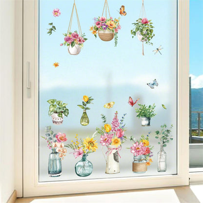 decalmile Potted Plants Window Clings Flowers Plants Easter Window Decals Anti-Collision Glass Doors Window Stickers