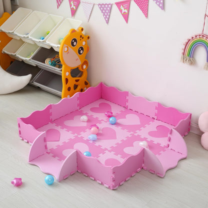 Tamiplay Foam Play Mat for Kids, 25pcs Square Interlocking Puzzle Floor Mat, Baby Toddler Playmat with Fence - Pink Heart