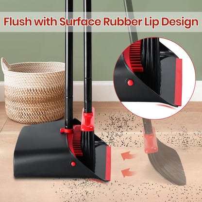 TreeLen Dust Pan and Broom/Dustpan Cleans Broom Combo with 52" Long Handle for Home Kitchen Room Office Lobby Floor Use Upright Stand Up Broom and Dustpan Set - Black/Red