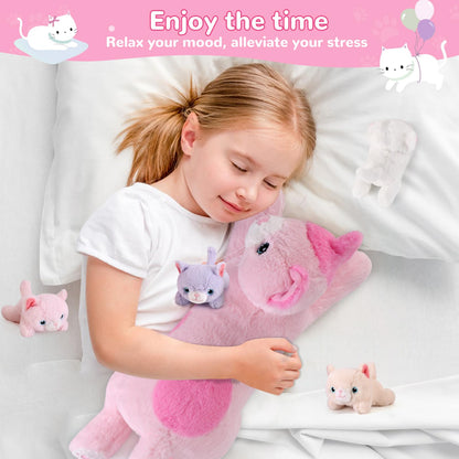gnomantic 5 Pieces Cat Stuffed Animals with Babies Inside Belly - 1 Mommy Stuffed Cat with 4 Kittens - Stuffed Kitty Plush Toys for Kid Age 3-8, Gift Ideal for Christmas, Valentine's, Birthday (Pink)