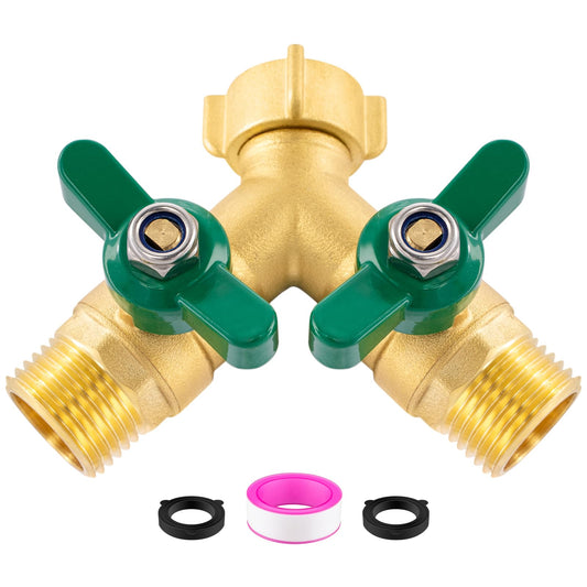 Cekwiet Heavy Duty Garden Hose Splitter 2 Way, Brass Full Flow Y Hose Splitter with Thickened Easy-Turn Handle, 3/4" GHT Outdoor Faucet Connector with Shut-Off Valves