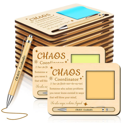 Kosiz 10 Set Chaos Coordinator Appreciation Gifts Bulk Wooden Sticky Note Holder with Notes and Ballpoint Pens Thank You Appreciation Gifts for Chaos Coordinator Team Employee Office Supplies