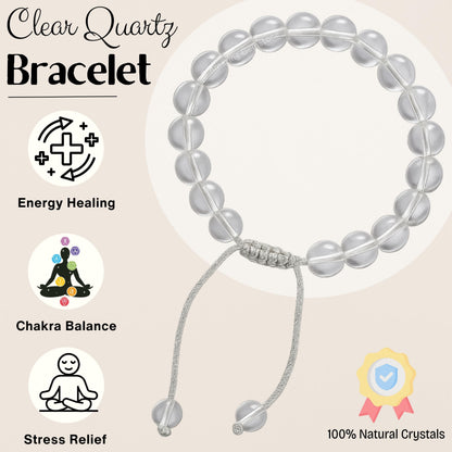 Amazing Gemstone Clear Quartz Bracelet, Gifts For Men & Women - Protection Healing Crystal Bracelet - 8mm Gemstone Beaded Adjustable Bracelet, Pulseras Para Hombres Mujer Stocking Stuffers