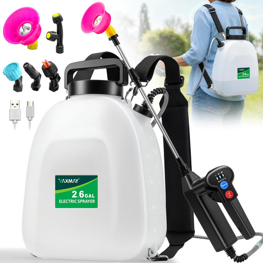 VAXMAY Battery Powered Sprayer 2.6 Gallon, Backpack Sprayer with 3 Adjustable Forces, Battery Indicator, 5 Mist Nozzles, 41" Retractable Wand, USB Rechargeable Garden Sprayer for Weed Lawn Yard