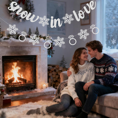 Pre-Strung Snow in Love Banner Glitter Winter Bridal Shower Decorations Banner Snowflake Ring Garland for Winter Christmas Wedding Decor Engagement Party Decorations (Silver)
