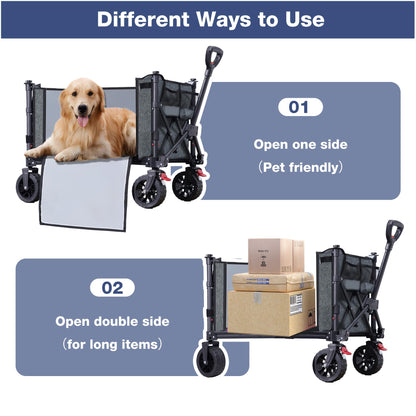 COMLAX FIELD Collapsible Wagon Cart Foldable with Big Wheels Brakes, 250lbs Folding Utility Lightweight Garden Wagon, Portable Grocery Cart for Camping Shopping Sports Pets, Grey