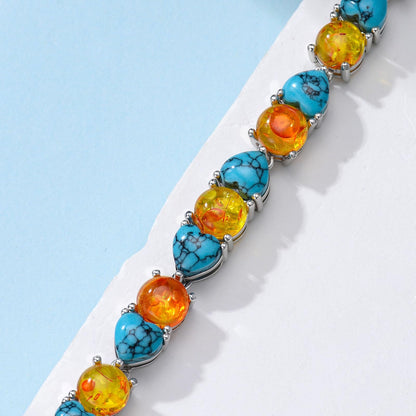 PEIMKO 925 Sterling Silver Full Stone Textured Turquoise Amber Tennis Bracelet White Gold Plated Jewelry Gift for Women Mothers