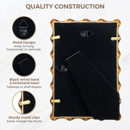 RICHFOCUS 4x6 Gold Picture Frame, Modern Zinc Alloy Photo Frame with Water Droplet Design, Mat for 3x5 Photo, Heavy Duty Metal Frame with Tempered Glass & Velvet Back for Tabletop & Wall Decor