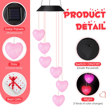 Glooglitter 2 Pcs Heart Solar Wind Chime Gift for Women Mom Grandma Sister Ideal Gift Mother's Day Decoration for Garden Patio Yard, Romantic Night Light Home Decor(Pink Heart)