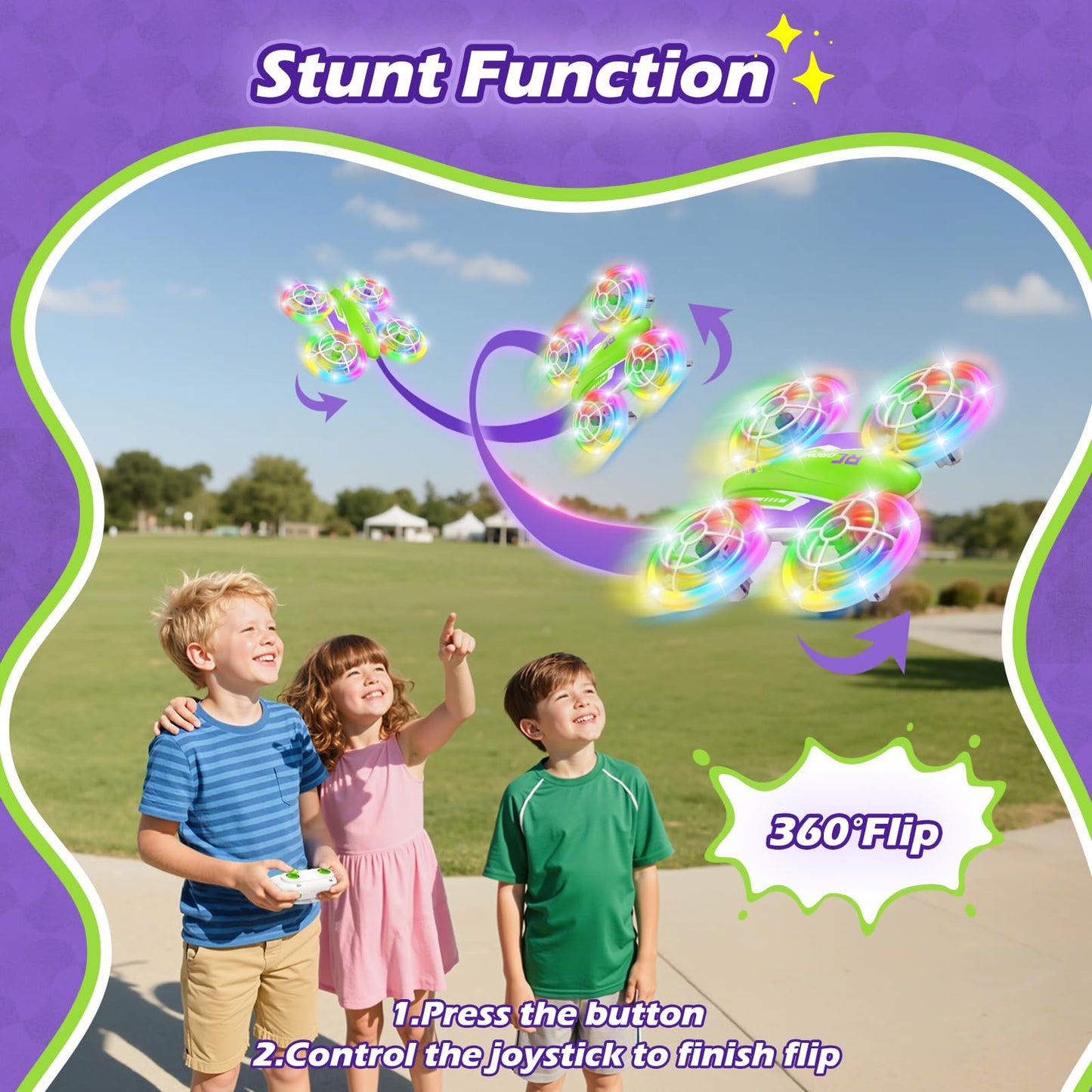 LED RC Drone for Kids 6+, Christmas Birthday Gift for Boys & Girls with Remote Batteries, 360° Flip, High Speed Mode, 45 Min Flight Indoor and Outdoor Flying Toy - GreenPurple