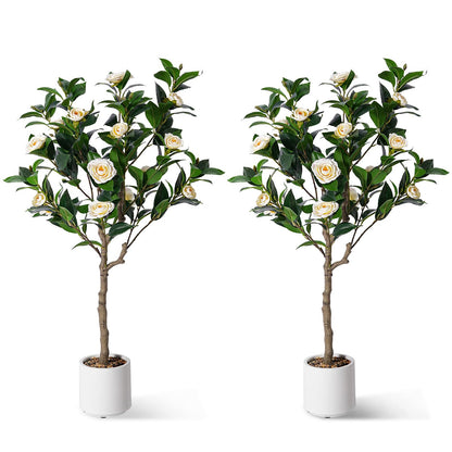 Jocoevol 4FT Artificial Camellia Tree 2 Pack, Fake Floral Plant with Realistic Trunk, Leaves, Flowers & Planter, Flower Artificial Tree, Artificial Flower for Front Porch Decor & Housewarming Gift