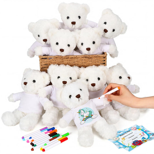 40 Pcs Make Your Own Stuffed Animal Bear Kit DIY 2026 Graduation Plush Gift 10 Pcs 9.84 Inches Rose Velvet Bear 10 White T Shirt 10 Set 12 Color Pen and Card for Graduates Party Craft Gift(White)