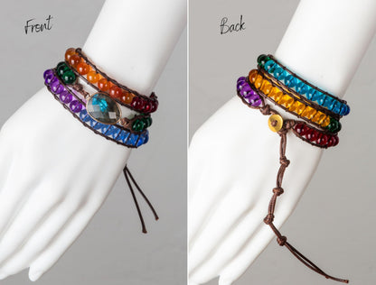 SPUNKYsoul Chakra Awareness Balancing Leather 3 Wrap Crystal Bracelet with Hematite for Women (Brown 8mm Labradorite)