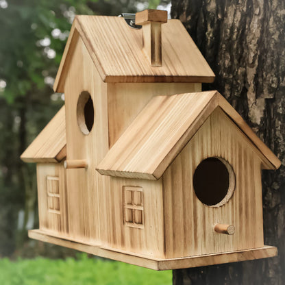 STARSWR Bird Houses for Outside,Outdoor 3 Hole Bird House Room for 3 Bird Families Bluebird Finch Cardinals Wooden Hanging Birdhouse for Garden