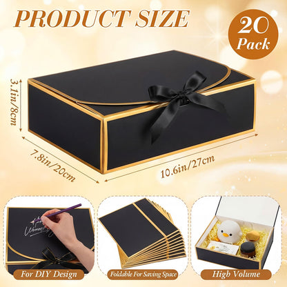 Jaloro 20 Pack Black Gift Boxes with Lids Bulk 10.6x7.8x3.1inch Black Gift Boxes with Gold Ribbons Bridesmaid Proposal Box for Presents, Wedding, Birthday, Valentine's Day, Baby Shower, Anniversary