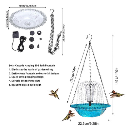 2026 Solar Cascade Hanging Bird Bath Fountain Solar Powered Birdbath Water Fountain Pumps Dispenser Outdoors Decor Hummingbird Bath Shower Bowl Kit Garden Gift Yard Patio Backyard Decoration (Blue)