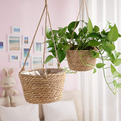RXMORI Jute Rope Hanging Planter Basket, Rattan Woven Plant Hanger with Plastic Liner Macrame Plant Holder Storage Organizer for Plants Indoor Outdoor(Brown)