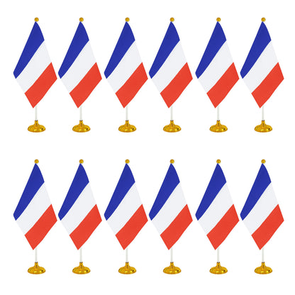 WXTWK 12 Pack France Flag French Desk Flag Small Mini French Table Flags With Stand Base,Home Office Festival Events Celebration Decorations