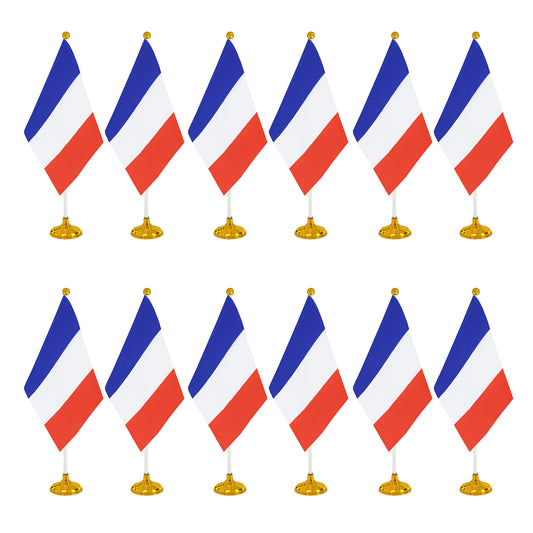 WXTWK 12 Pack France Flag French Desk Flag Small Mini French Table Flags With Stand Base,Home Office Festival Events Celebration Decorations