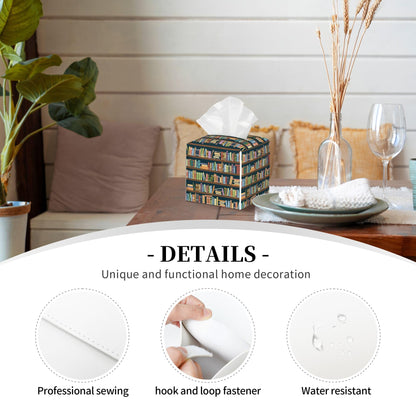 POIUBLE Tissue Box Holder Bookshelves Full of Books Tissue Box Cover Square Leather Tissue Holder Organizer Portable Decorative Facial Paper Case for Home Office Bathroom Vanity Countertop