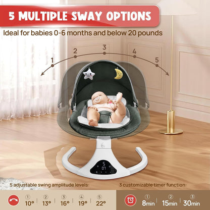 Electric Baby Swing with Remote Control - 5 Natural Motion Speeds, Detachable Seat Pad | Portable Infant Swing for Indoor/Outdoor Use (0-12M, 20lbs)(Green)