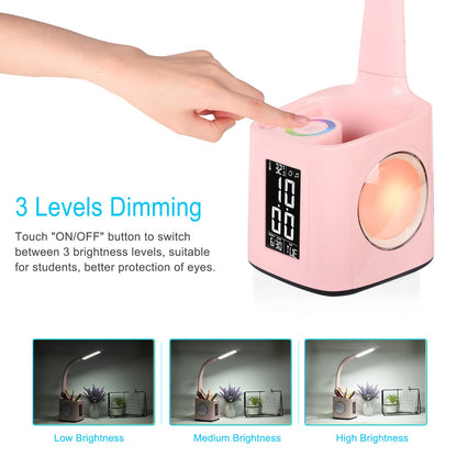 wanjiaone LED Desk Lamp with Clock,Color Changing Nightlight,Study Lamp with Pen Holder,Desk Light with USB Charger,Table Light for Home,Office,Bedroom,Gift for Kids,Students,Women,Pink