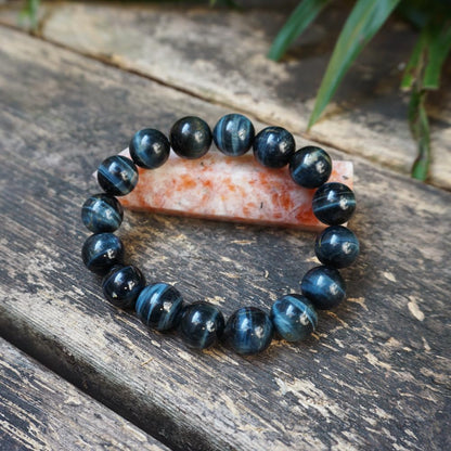 TaHLga Blue Tigers Eye Mens Bracelet 12MM | Fits for About 8" XLarge Wrist | Natural Solar Plexus Chakra Gemstones | Bring Luck Wealth Courage | Protection from Evil | Gift