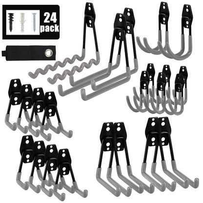 AOBEN 24PCS Garage Hooks, Heavy Duty Double Garage Hanger Organizer Wall Mount Iron Anti-Slip Garage Storage Hooks for Ladder, Power Tool,Bike,Ropes（23 Hooks & 1 hoder Strap-Gray
