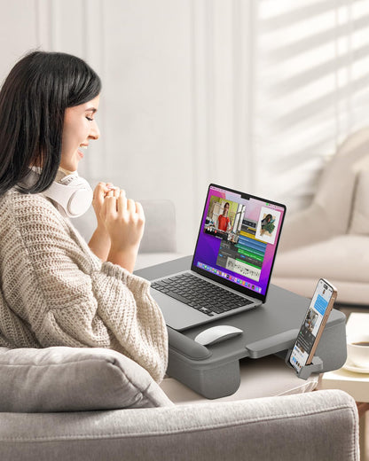 SAIJI Lap Desk with Cushion, Computer Laptop Stand, Lap Laptop Table, Built-in Drawer Storage, Phone Holder, Wrist Pad