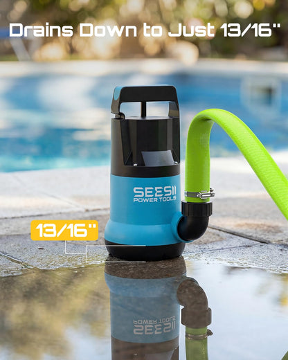 SEESII 1HP Submersible Water Pump, 4755GPH High Flow Sump Pump with 23ft Hose Kit, Anti-Clogging Filter Net for Swimming Pool Hot Tub Pond Basement Rooftop Garden Water Removal