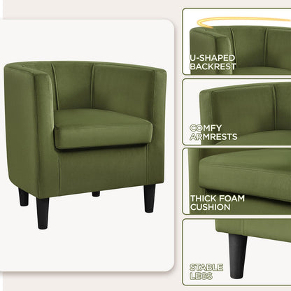 Yaheetech Velvet Accent Chair, Modern and Comfortable Armchairs, Upholstered Barrel Sofa Chair for Living Room Bedroom Waiting Room, Olive Green