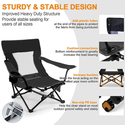Joyfair Beach Camping Chair (2 Pack), Outdoor Folding Lawn Chair for Adults, Heavy Duty Portable Chair with Armrest for Outside Fishing, Sport, Patio, Cup Holder & Storage Pocket, Carry Bag (Black)