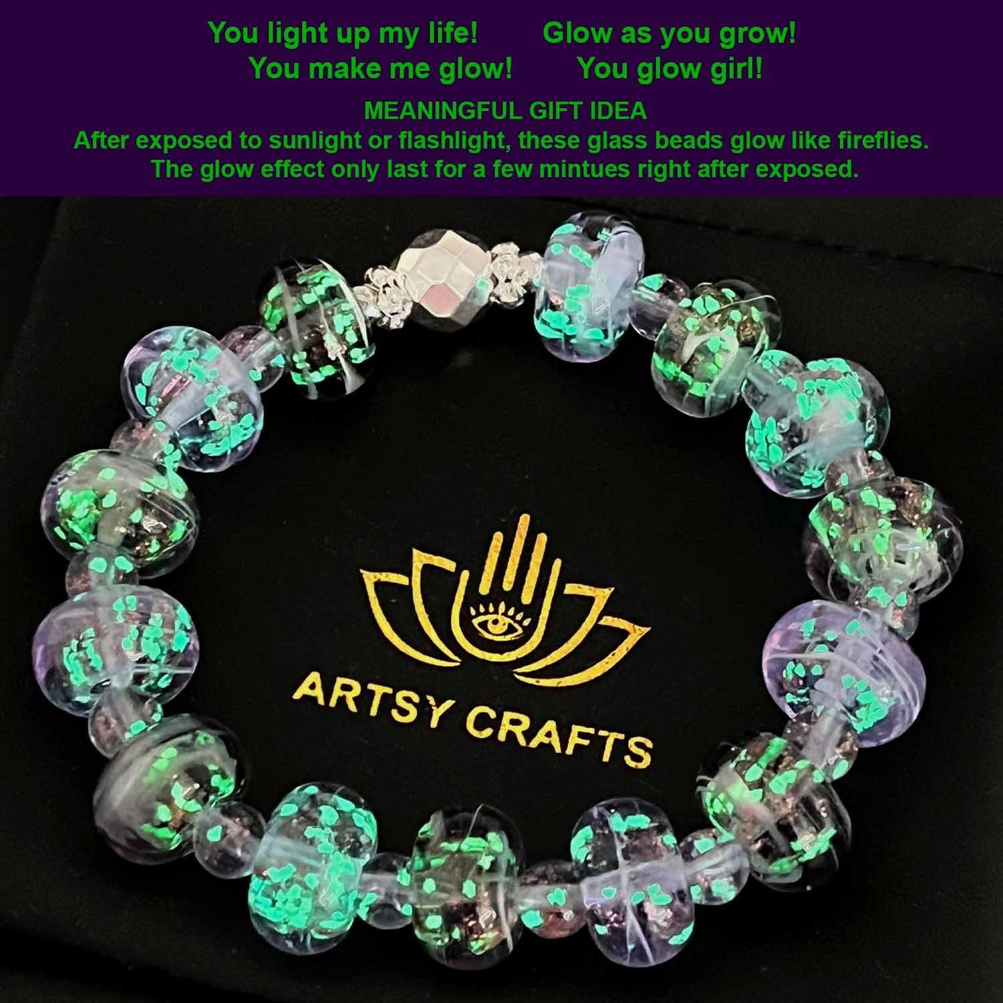 ARTSY Crafts Glow in The Dark Firefly Beads Bracelet, Handmade in USA, Colorful Donut Shaped Luminous Murano Glass Beads Jewelry Mermaid Crystals Inspirational Gift (Lavender + Violet)