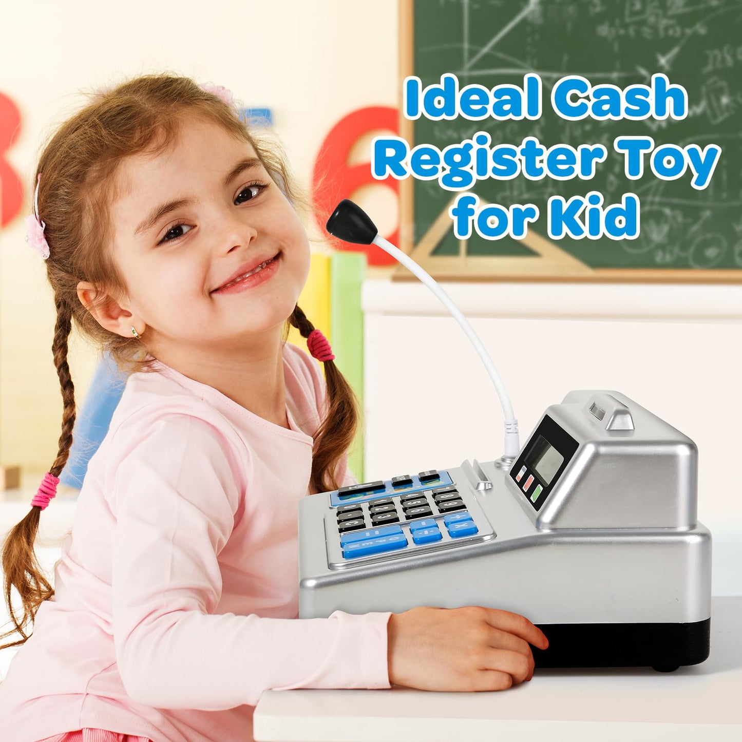 Calculator Cash Register - 103 Pcs Toy Cash Register, Store Set with Microphone, Credit Card and Banking for Kids, Toddler Math Learning Toys, Preschool Gifts for 3, 4, 5, 6, 7, 8+ Years Old Boy Girl