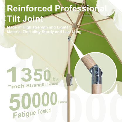 Tempera 9ft Scalloped Patio Umbrellas with Fringe, Market Umbrellas with Water-Resistant and Fade Resistant Canopy, 1.5" Wood Pole & Button Tilt.