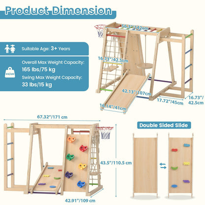 OLAKIDS Indoor Jungle Gym, 9 in 1 Wooden Montessori Baby Climbing Toys with Adjustable 2 Swings Ramp, Monkey Bar Basketball Hoop Ladder Climb Net (Colorful)