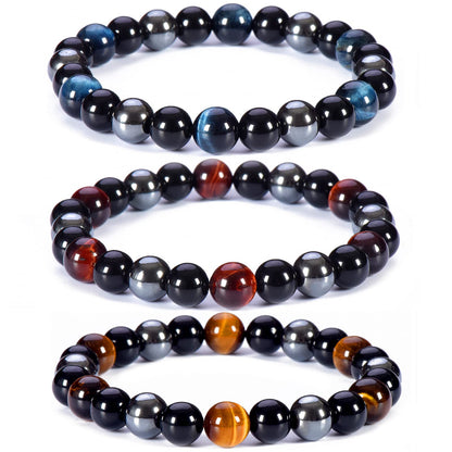SAMXY Triple Protection Bracelet, 8mm Healing Crystal Bead Bracelet, 3pcs Blue Red Tiger's Eye Obsidian Hematite Bracelet Women Men