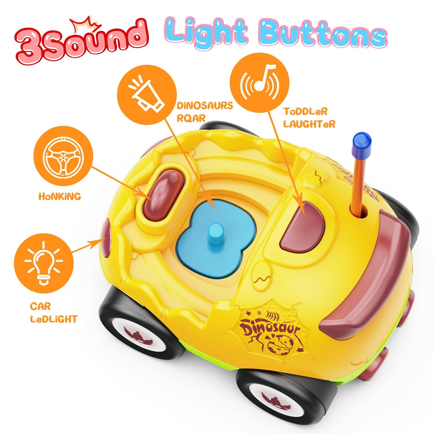 Kidz do 2 Pack Dinosaur Remote Control Cars for Toddlers 2 3 4 5 Years Old - Easter Birthday Gift Ideas for Boys Ages 2-5, Kids Dino Toys RC Vehicle with Lights and Music for Family Fun(Yellow Green)