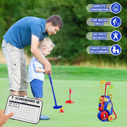 HYES Toddler Golf Set 2-4 Years, Kids Golf Club with 8 Balls, 4 Plastic Clubs, Putting Mat, Scoreboard, Storage Bag, Indoor Outdoor Game with Golf Cart Sport Toy Gift for Baby Boys Girls Age 3-5, Blue