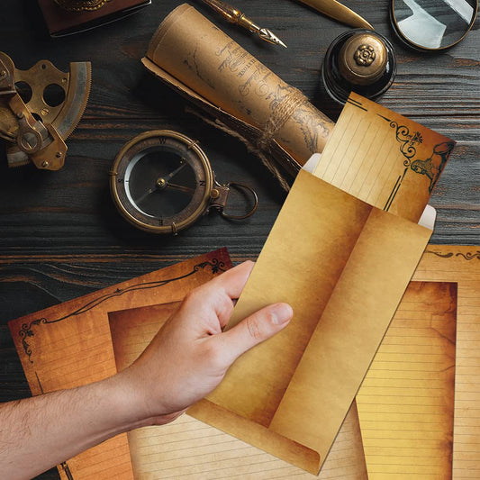 Anzon Mories Realistic Parchment Stationery Paper Envelope Set, 48 PC Writing Stationary 8.5" x 11" with 24Pcs Self-Sealing Envelopes, Printer Friendly, 6 Antique Vintage Design Aged Old Looking