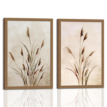 2pcs Framed Bohemian Reed Wall Art,Retro,Country-Style Natural Minimalist Botanical Canvas Painting Suitable For Living Rooms, Bedrooms, And 12 X 16In