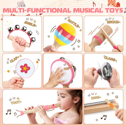 Baby Musical Instruments - Montessori Musical Toys for Toddlers 1-3, Wooden Percussion Instruments Set, Kids Preschool Educational Music Learning Toys, Birthday Gifts for Boys Girls (Pink)