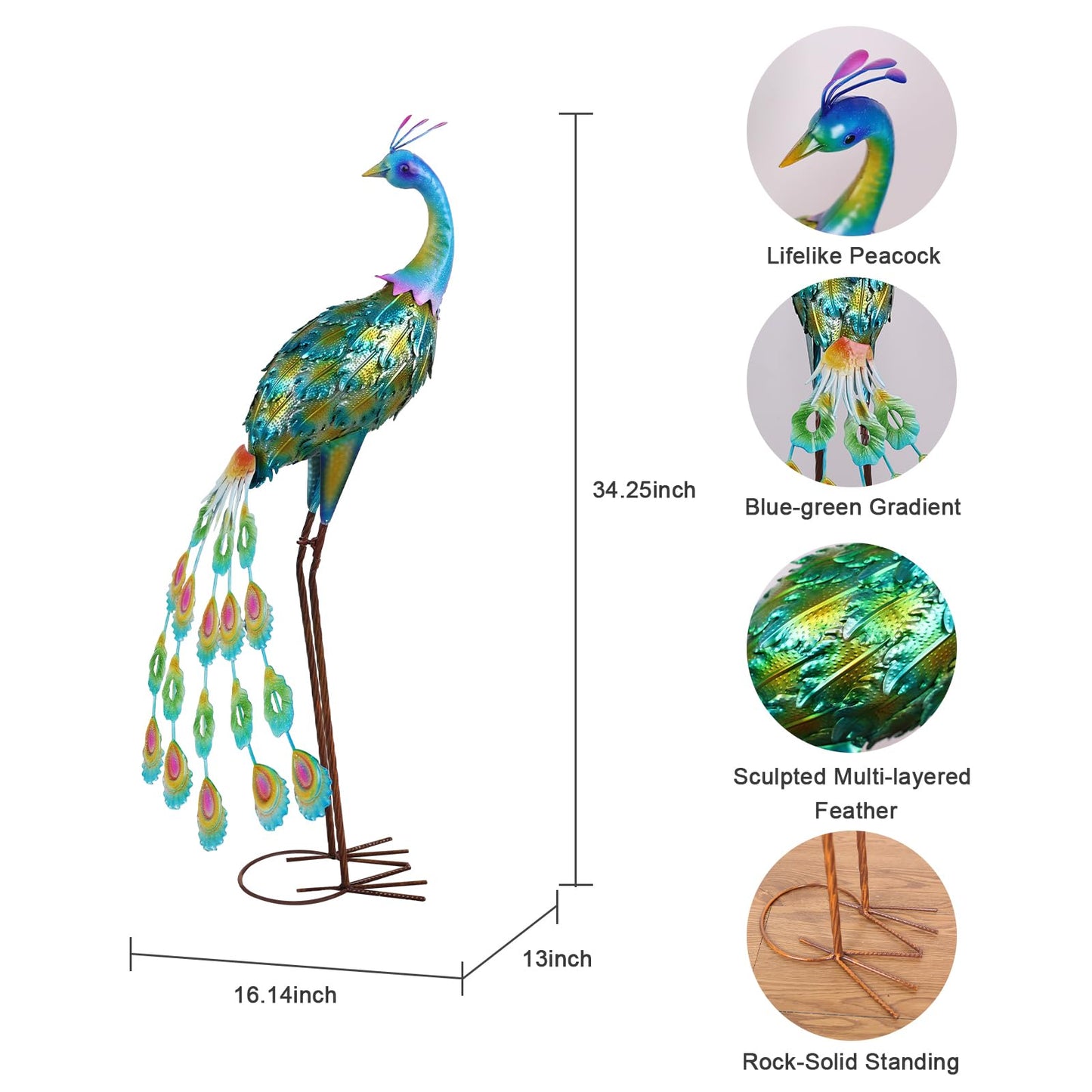 YEAHOME Garden Decor Outdoor Statues, 34" Large Metal Peacock Standing Yard Art, Blue Green Bird Lawn Sculptures Garden Decor for Outside Patio Porch Backyard