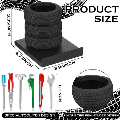 Fuyoooo 7 Pcs Tire Shape Stationery Set Tire Pen Holder Gift Business Card Holder Automotive Desk Organizer for Man Tool Wrench Pens Fun Office School Cool Mechanic Gifts Car Lover Sales Accessories