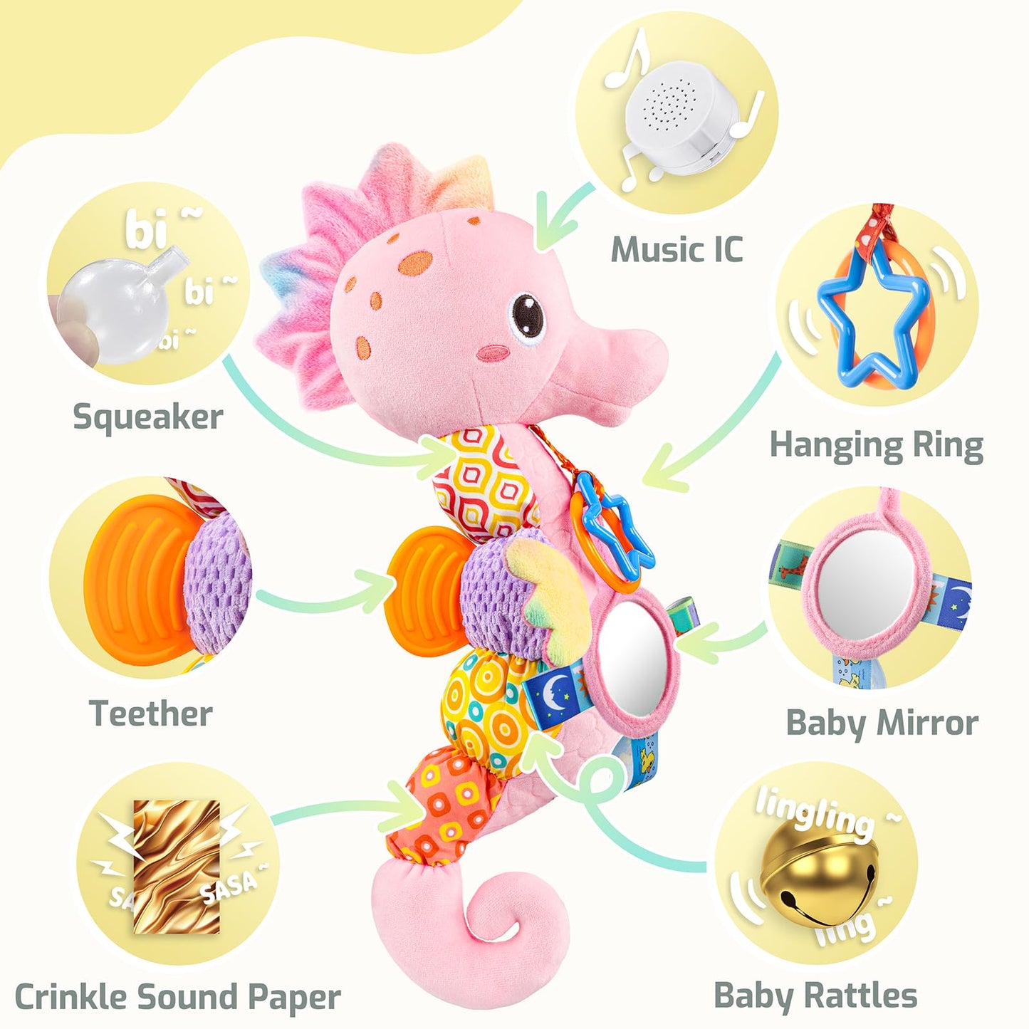 LIGHTDESIRE Baby Toys Musical Seahorse Stuffed Animals Infant Toys 0-6-12 Months with Mirror|Rattles|Crinkle|Baby Teething Toys,Sensory Toys for Tummy Time Newborn Boys Girls Birthday Gifts(Rose Pink)