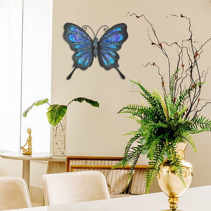 HONGLAND Metal Butterfly Wall Decor Outdoor Indoor Art Sculpture Hanging Glass Decorations Blue for Home Garden Bedroom (Blue)