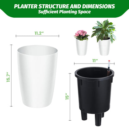 Garvee Tall Planters for Outdoor Plants, 16 in Large Planters Set of 2, Outdoor & Indoor Planters with Water Level Monitor ＆ Inner Bucket, Automatic Watering, for Porch, Patio, Backyard, White