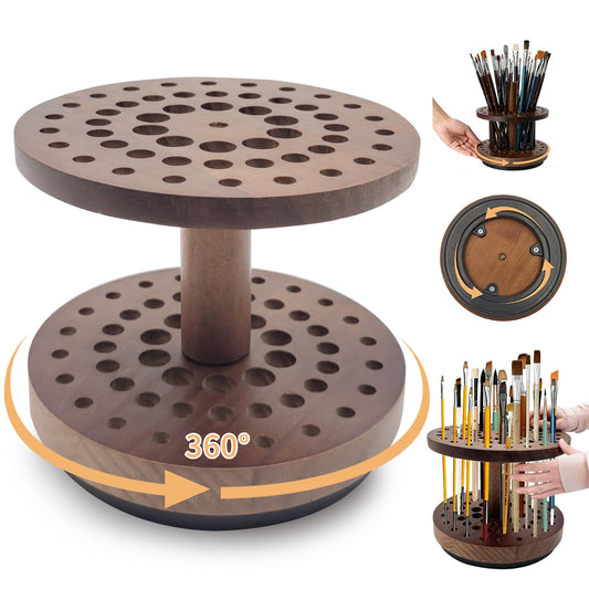 360 Degree Friction-Free Rotating Paint Brush Holder, 52 Multi-Size Hole Natural Hardwood Storage Stand, Space-Saving Desktop Organizer for Artist, Watercolor, Makeup Brushes and Craft Tools (brown)