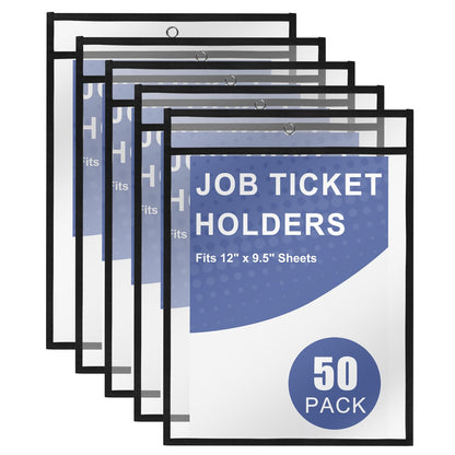 Heavy Duty Dry Erase Pockets 9x12, Job Ticket Holders 50 Pack Plastic Paper Sleeves Sheet Protectors 8.5 x 11 Clear Document Sleeves for Shop Office Classroom Home, Black