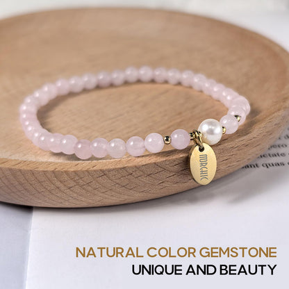 Morchic 4mm Natural Rose Quartz Gemstone Beads Stretch Bracelet for Women, With Freshwater Pearls, Energy Gem Birthday Gift for Her 7.2”